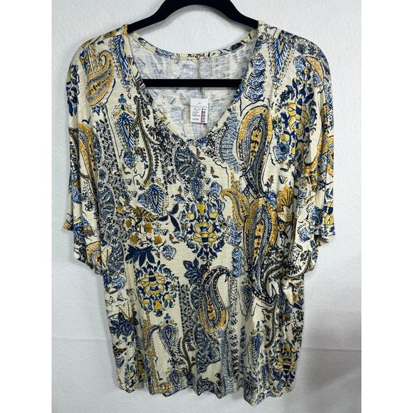 Maurices 24/7 Cream Navy Paisley Print Dolman‎ Short Sleeve V-Neck Blouse L NWT - Picture 1 of 6